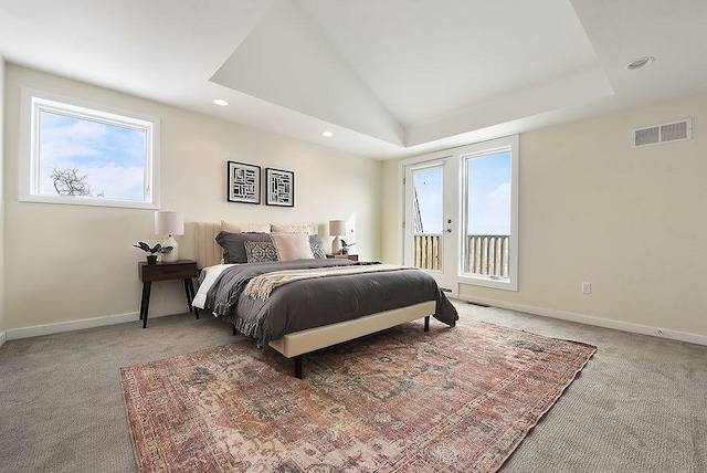 bedroom featuring access to exterior, multiple windows, visible vents, and carpet floors