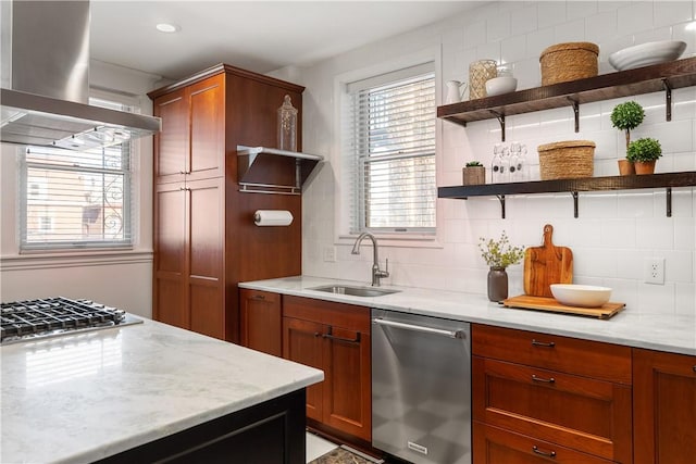 kitchen with backsplash, open shelves, appliances with stainless steel finishes, island exhaust hood, and a sink