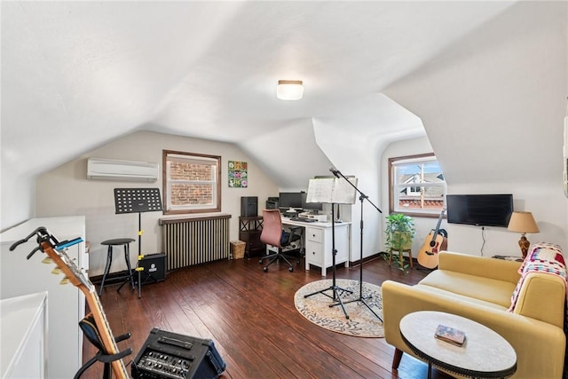 home office featuring lofted ceiling, a wall unit AC, radiator heating unit, and wood-type flooring