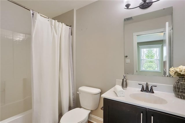 full bathroom featuring vanity, toilet, shower / bathtub combination with curtain, and visible vents