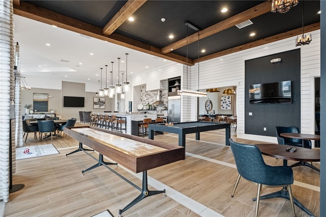 rec room featuring beamed ceiling, light wood-type flooring, visible vents, and billiards