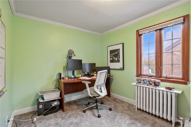 carpeted office featuring radiator heating unit, baseboards, and ornamental molding