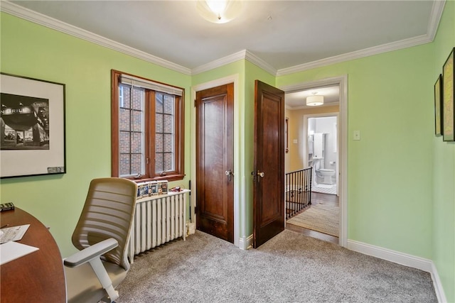 office featuring crown molding, baseboards, and carpet floors