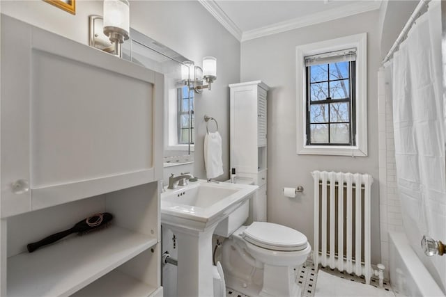 full bathroom with radiator, shower / bath combo, a sink, ornamental molding, and toilet