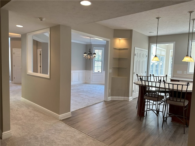 carpeted dining room featuring built in features, wainscoting, wood finished floors, a decorative wall, and a textured ceiling