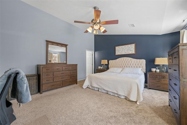 bedroom with visible vents, a ceiling fan, carpet, and high vaulted ceiling