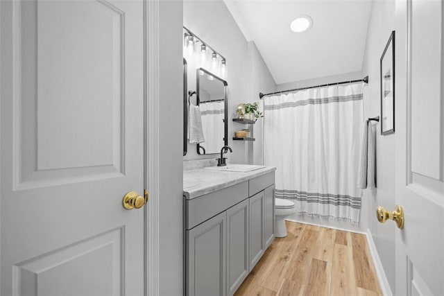 full bath with vanity, toilet, and wood finished floors