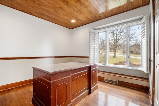 office area with visible vents, baseboards, recessed lighting, wood ceiling, and light wood-type flooring