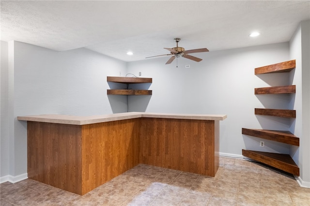 bar featuring recessed lighting, baseboards, and ceiling fan