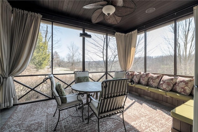 sunroom / solarium with wood ceiling and ceiling fan