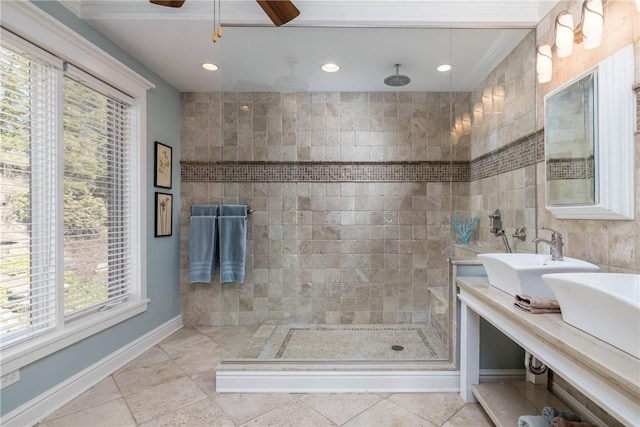 bathroom featuring recessed lighting, tile walls, tile patterned flooring, baseboards, and walk in shower