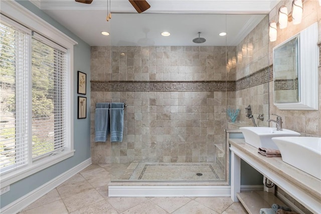 29 Virginia Ln, Cecil, PA 15317 - full bathroom featuring walk in shower, baseboards, ceiling fan, double vanity, and recessed lighting