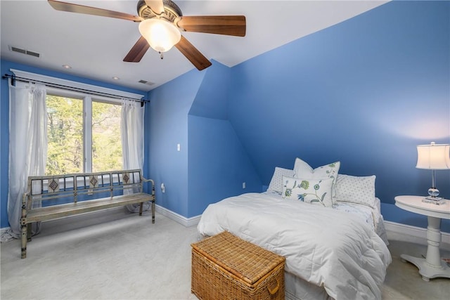 bedroom with visible vents, carpet flooring, baseboards, and ceiling fan