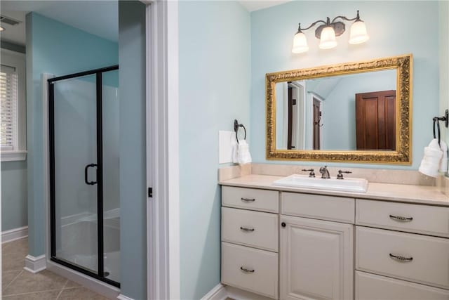 bathroom featuring tile patterned flooring, visible vents, baseboards, a stall shower, and vanity