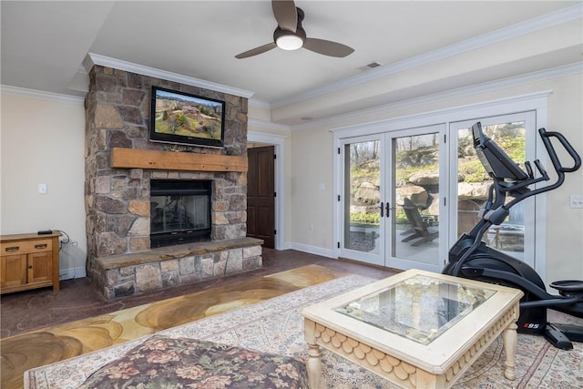 29 Virginia Ln, Cecil, PA 15317 - living area with a stone fireplace, ornamental molding, a ceiling fan, french doors, and baseboards