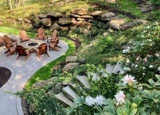 view of yard featuring a patio and a fire pit