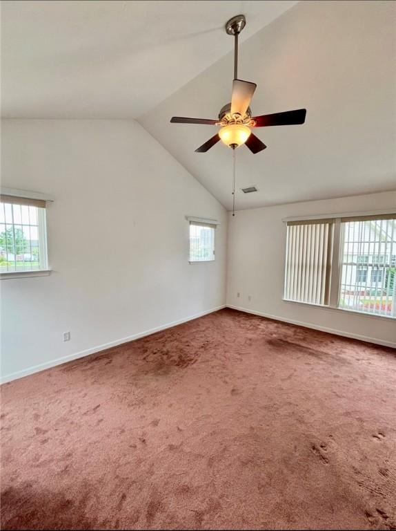 6233 Oyster Bay Ct, South Fayette, PA 15017 - carpeted spare room with vaulted ceiling, ceiling fan, and baseboards