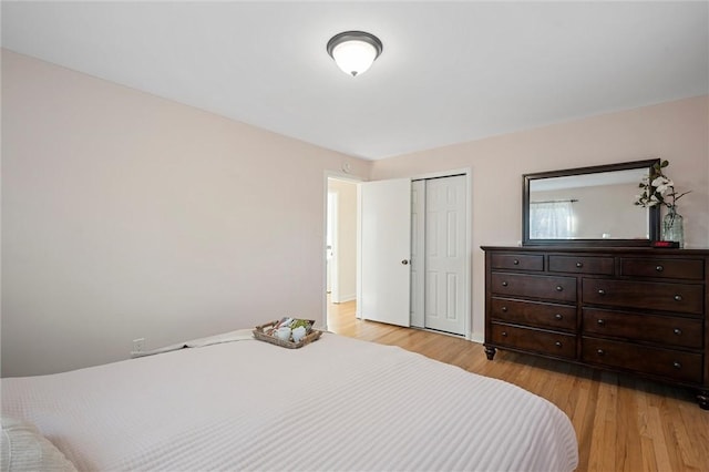 bedroom with light wood-type flooring and a closet