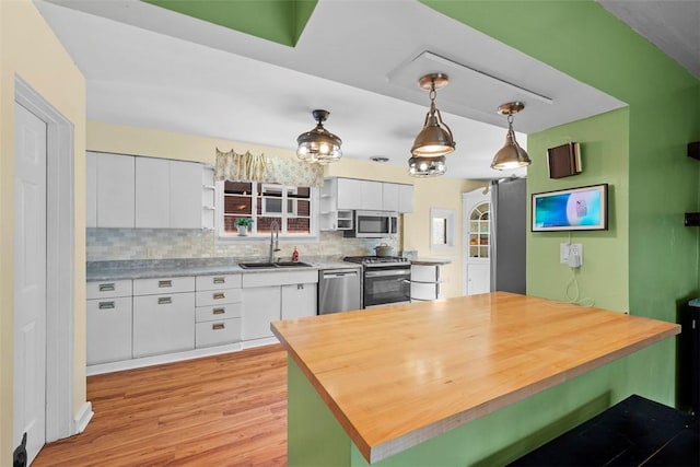 kitchen with butcher block counters, decorative backsplash, appliances with stainless steel finishes, white cabinetry, and a sink