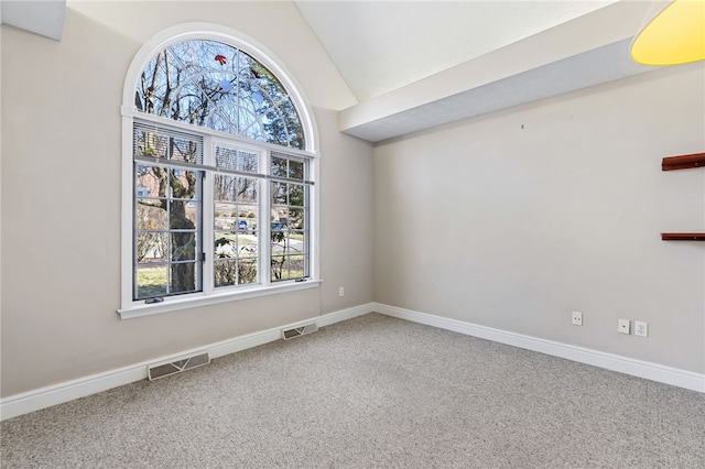 unfurnished room featuring visible vents, carpet flooring, and plenty of natural light