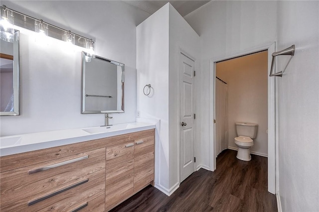 bathroom featuring wood finished floors, double vanity, a sink, a closet, and toilet