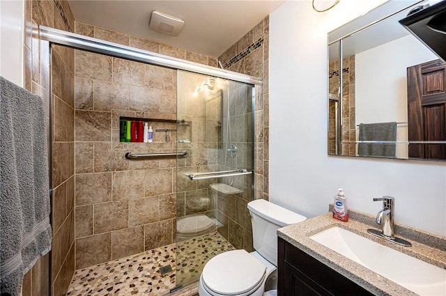 bathroom featuring vanity, a shower stall, and toilet