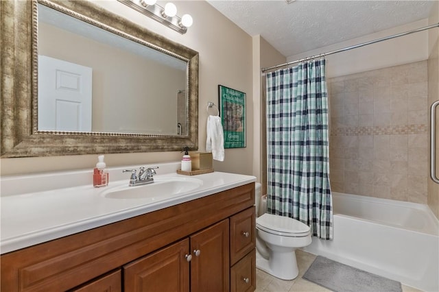 full bathroom with vanity, shower / bath combo, tile patterned flooring, a textured ceiling, and toilet