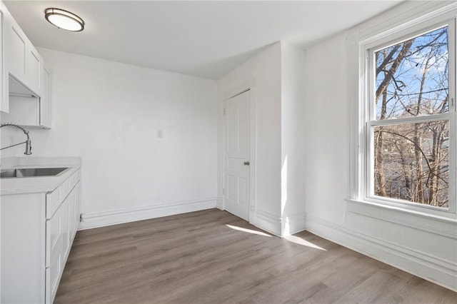 unfurnished dining area with baseboards, light wood-style floors, and a sink