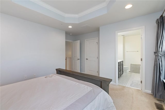 bedroom with light carpet, visible vents, recessed lighting, and a raised ceiling