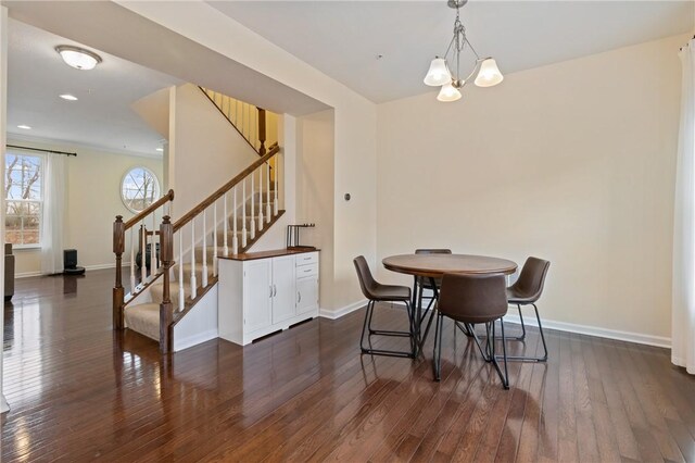 dining space with recessed lighting, baseboards, dark wood-type flooring, and stairs