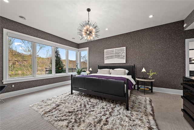 carpeted bedroom featuring recessed lighting, baseboards, an inviting chandelier, and wallpapered walls