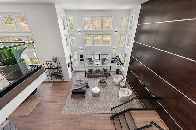 living room featuring a high ceiling, baseboards, and wood finished floors