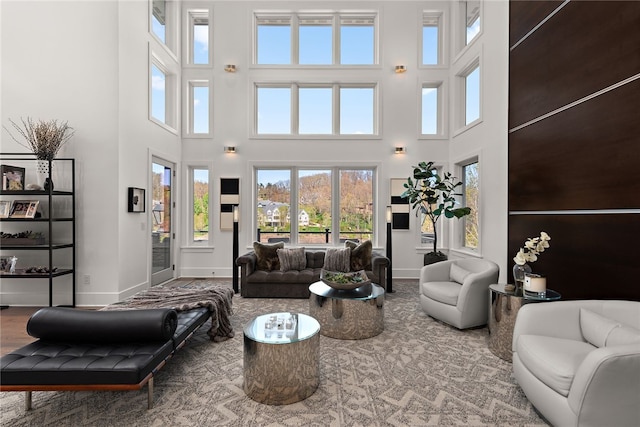 living room featuring baseboards, a high ceiling, and wood finished floors