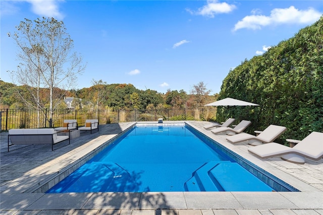 view of swimming pool with a fenced in pool, a patio, and fence