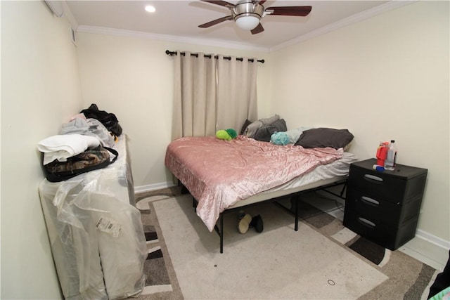 bedroom with ceiling fan, recessed lighting, baseboards, and ornamental molding