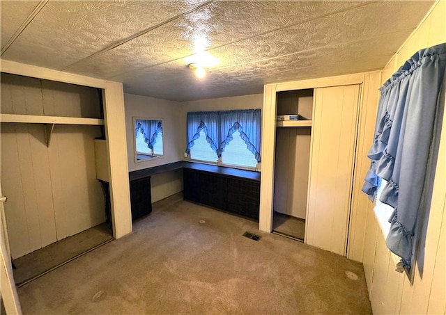 unfurnished bedroom with visible vents, wood walls, two closets, and carpet