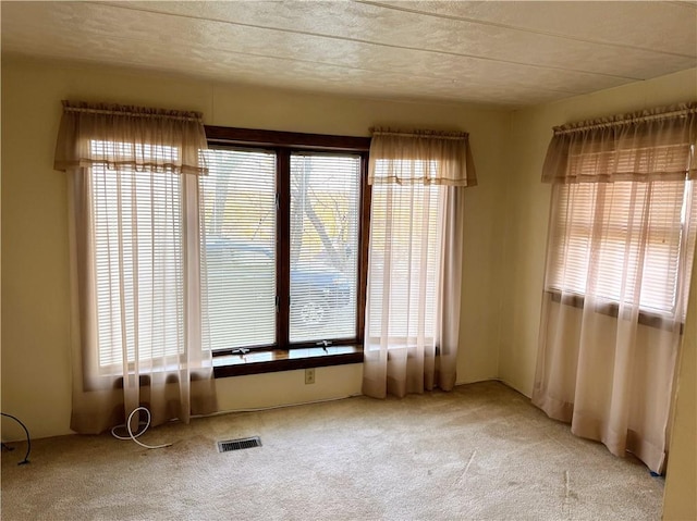 spare room featuring light carpet, visible vents, and a healthy amount of sunlight