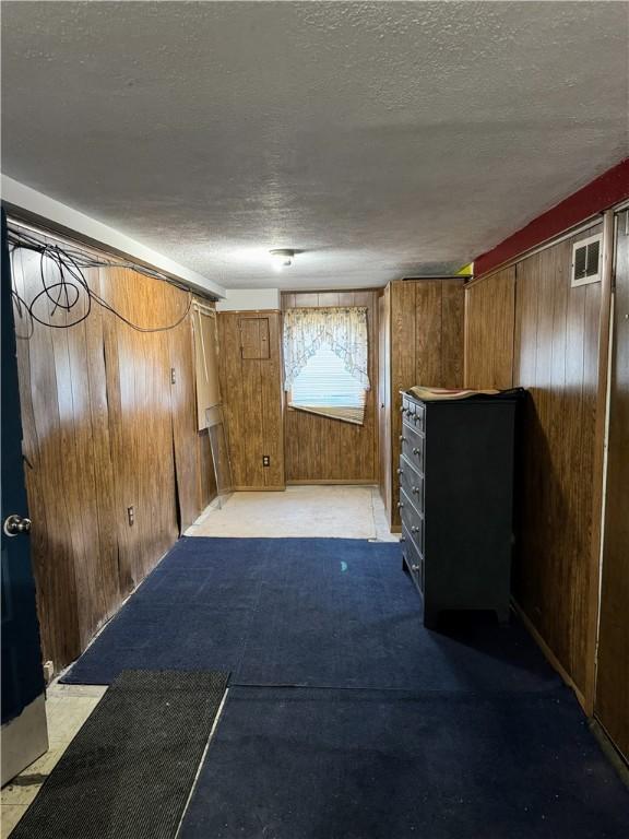 below grade area featuring visible vents, wood walls, and a textured ceiling