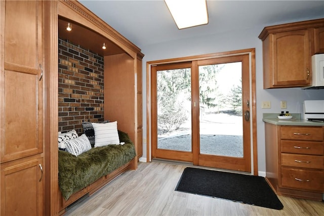 doorway to outside featuring baseboards, light wood-style flooring, and brick wall