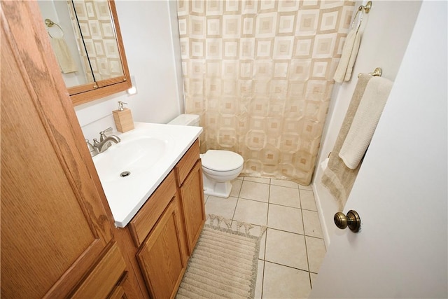 full bath with tile patterned flooring, curtained shower, toilet, a bath, and vanity