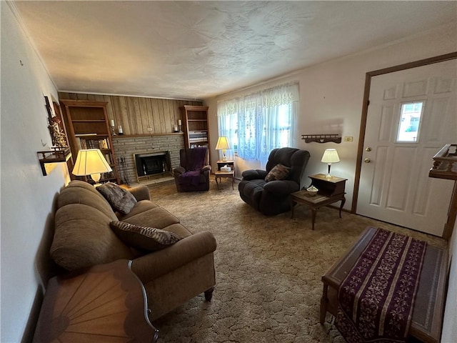 carpeted living room with a fireplace