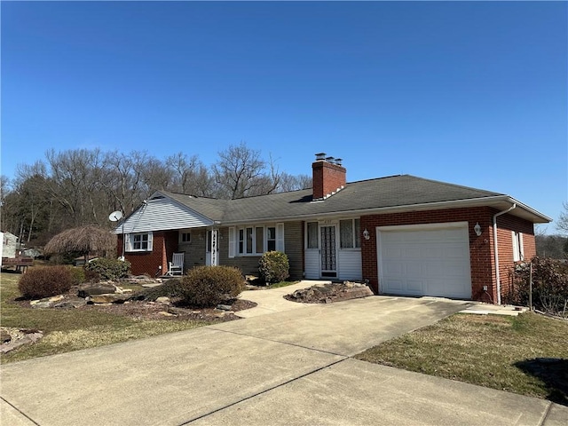 single story home with brick siding, a chimney, concrete driveway, and a garage