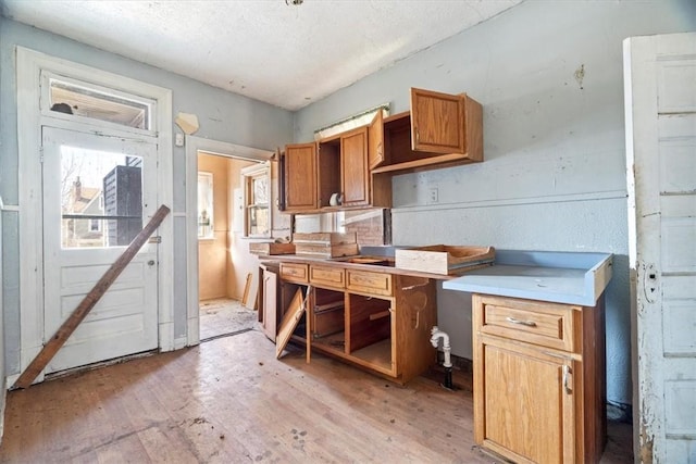 kitchen with light wood-type flooring and brown cabinets