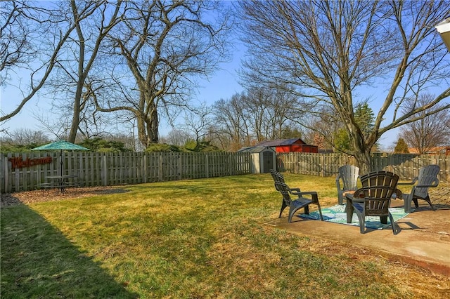 view of yard featuring an outdoor structure, a fenced backyard, a storage shed, and a patio area