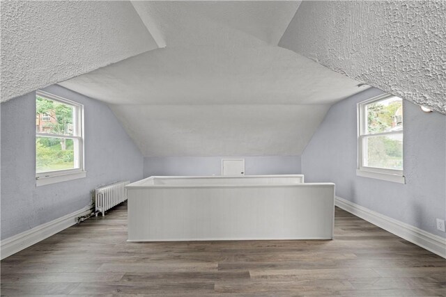 bonus room featuring radiator, a textured ceiling, baseboards, and wood finished floors