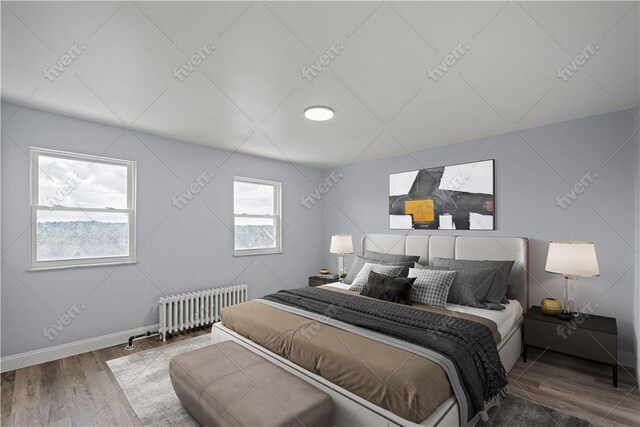 bedroom with radiator, wood finished floors, and baseboards