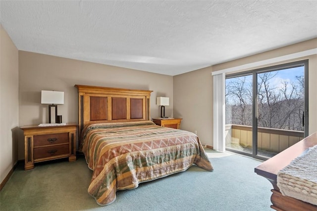 bedroom with baseboards, carpet, access to exterior, and a textured ceiling