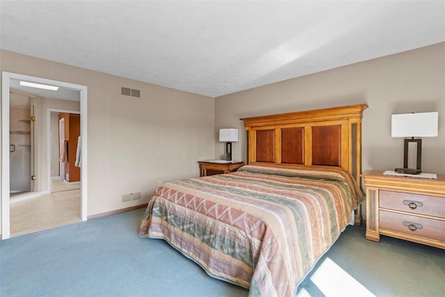 bedroom with light carpet, visible vents, and baseboards