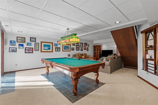 game room with a paneled ceiling, baseboards, and carpet floors