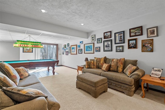 living room featuring billiards, recessed lighting, carpet, and baseboards